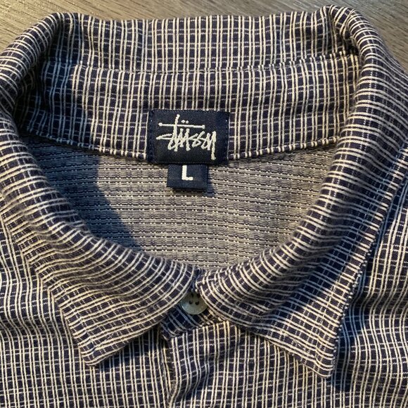 STUSSY Polo Shirt, Short Sleeve, Blue/White Pattern, Men's Large - Picture 2 of 5